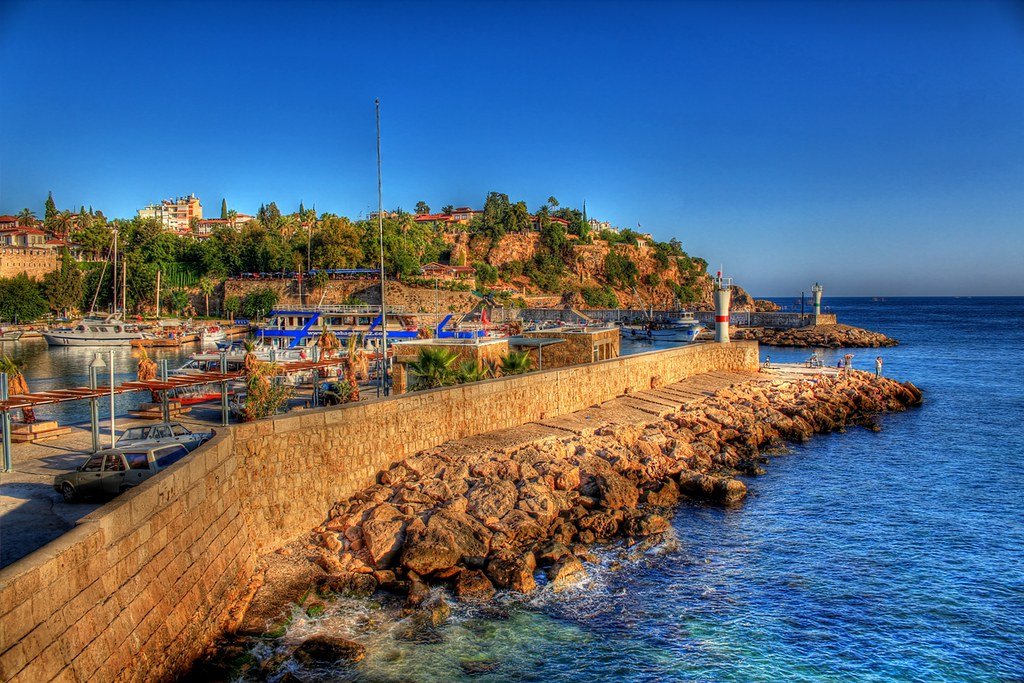 Kaleiçi's old harbour and marina below the cliffs