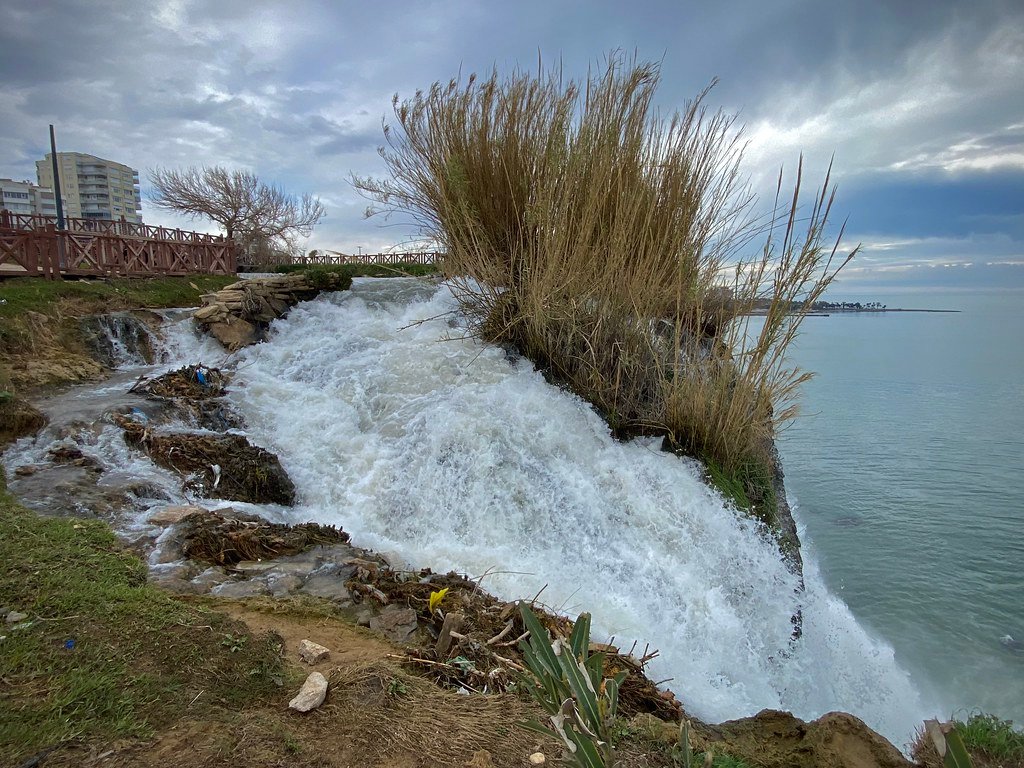 Lower Düden Waterfalls dropping into the Mediterranean