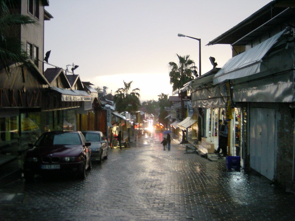 Cobblestone shopping street in Side old town